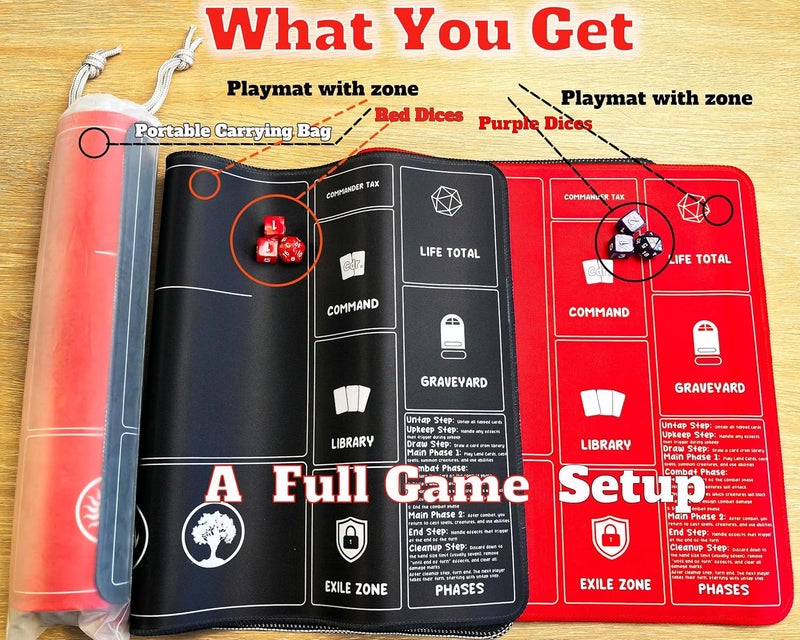 HaoSiTeck Card Game Playmats MTG Playmat for Beginner 2 Pack with Dices, Magic Mat Commander Deck Card Playmat for TCG MTG Accessories Play Mat 24x14 Inches Duel Card Battles, Black/Red - Image 2